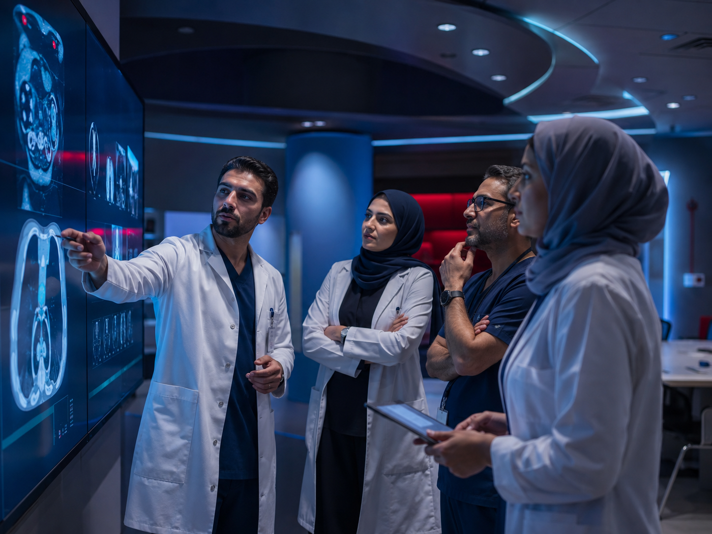 Healthcare professionals collaborating around a digital clinical display